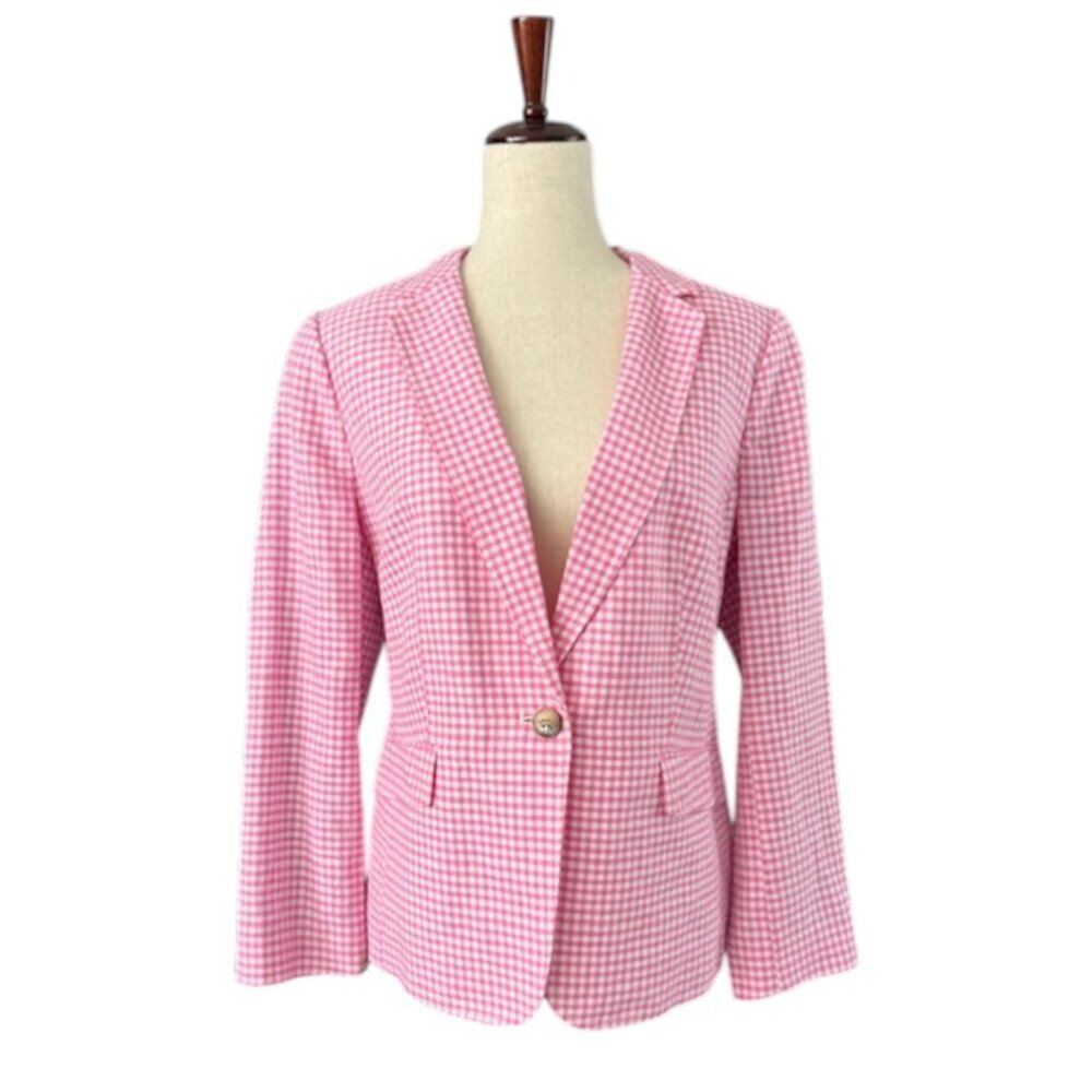 Talbots Women's Classic Summer Pink Blazer Gingham Plaid Linen Blend Sz 14P NWOT - Picture 2 of 13